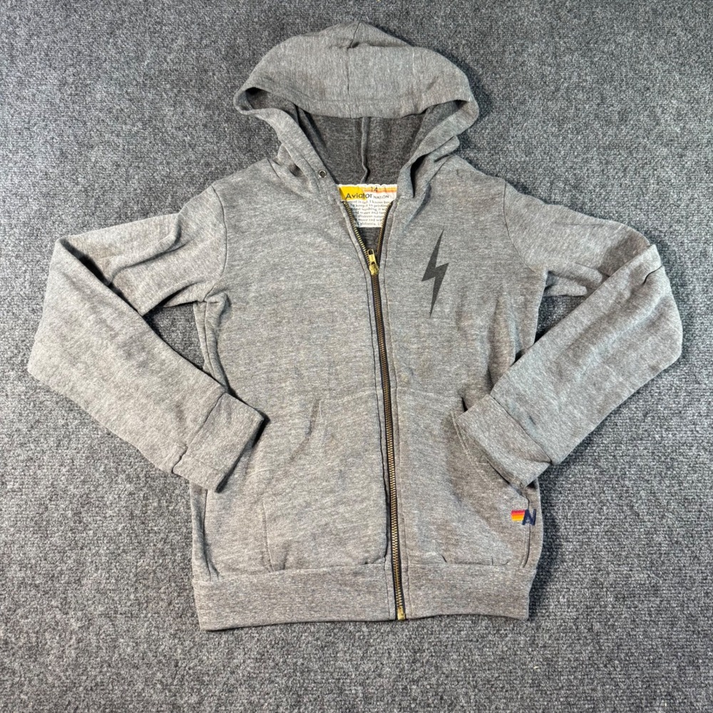 Aviator Nation Gray Lightning Bolt Zip Up Hoodie Sweatshirt Kids Size 14